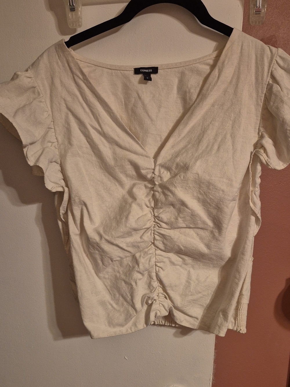 Express Women's Off White Ruched V-Neck Top